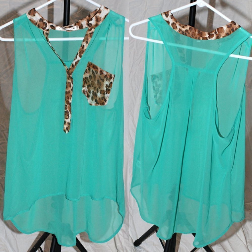Penelope Womens Large Sheer Green Cheetah Print Vneck Sleeveless Shirt High Low
